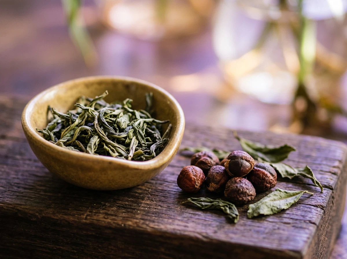 Vihreä tee ja guaraana-siemenet puupinnalla violetissa valossa