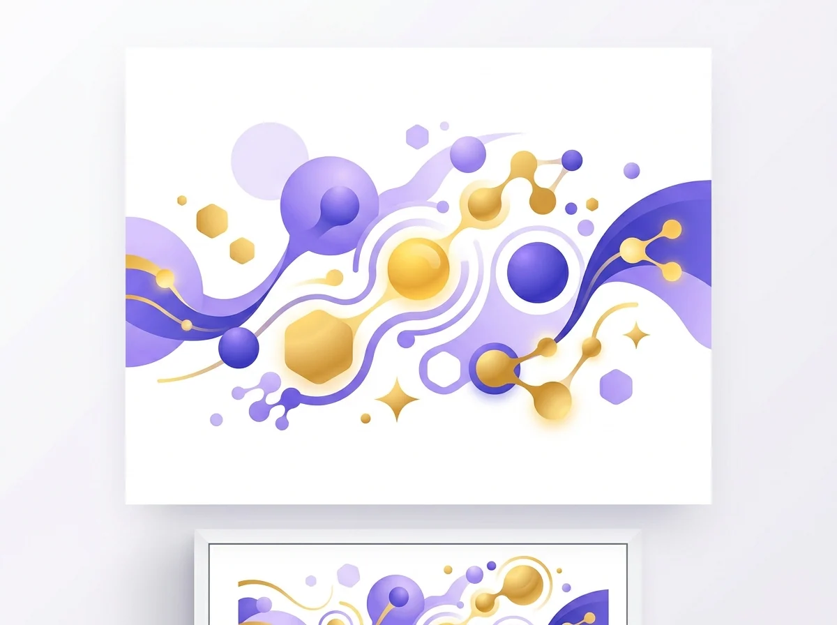 Abstrakti geometrinen illustraatio solullisesta energiantuotannosta violetilla ja kultaisella värillä